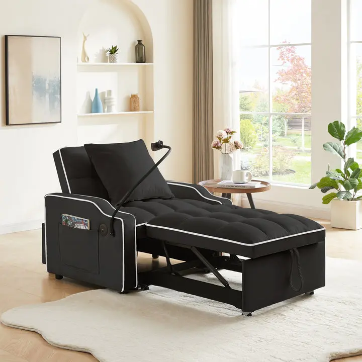 Sleeper Sofa Chair Bed,  3 In 1 Convertible Sofa Chair With With Adjustable Backrest & Phone Holder & USB, Type-C, Adjustable Recliner, Armchair For Living Room Bedroom Apartment Small Space, Black