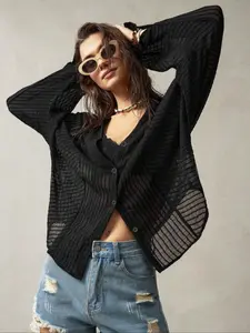 Women's Solid Color Button Front Sheer Cover Up Top, Beach Cover Ups, Swimsuit Cover Up, Casual Long Sleeve V Neck Cover Up Top for Beach Holiday Vacation, Ladies Swimwear for All Seasons