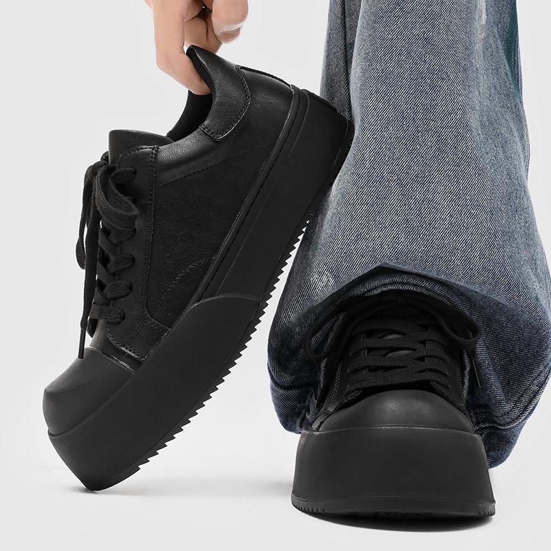 Men's Cleanfit Platform Sneakers All Black Leather-Like Simple Slim Leg Stylish