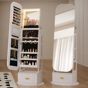 Miuvanity Round-Corner Design Full-Length Mirror with 360° Swivel & LED-Lit Features, Bottom Drawer Storage, Lockable Design living room decor