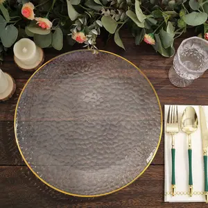 20 Pack Economy Plastic Charger Plates 13" Round Clear Hammered Design with Gold Rim - Event Tableware