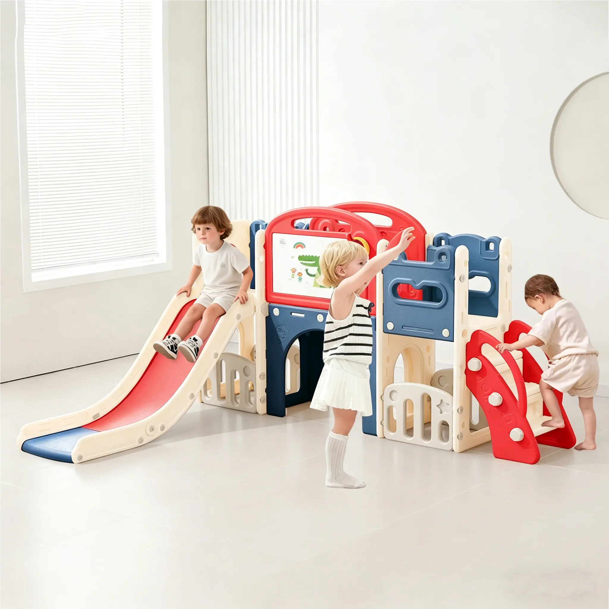 11-in-1 Unisex Foldable Plastic Toddler baby Slide Playset for 1-3 Years, Indoor Outdoor Sports Playground play Equipment with Slide, Crawl Tunnel, swingset,Basketball Hoop, Telescope, Anti-Slip Climber Step for Backyard Home,