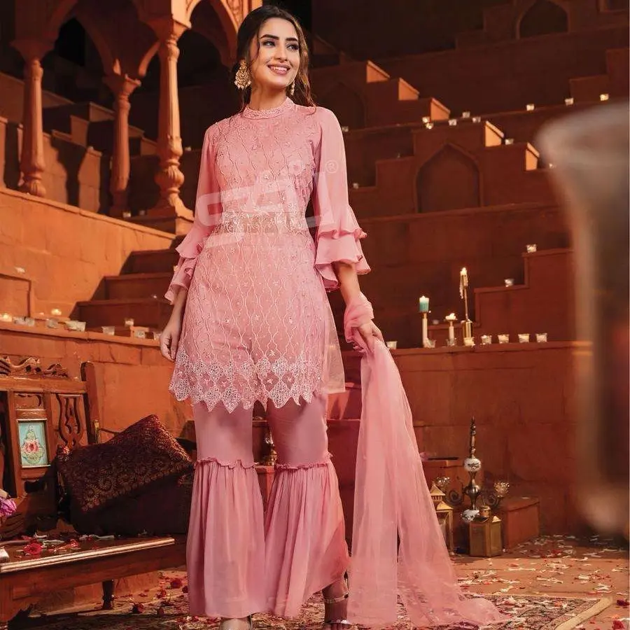 Georgette Exclusive Embroidery Readymade Sharara Suit Beautiful Collection - size 42 Heavy Handmade Embroidery