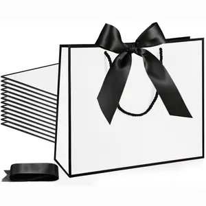 12 Pcs Thank You Gift Bags with Handle 12x10x4'' Welcome Bags Return Gifts with Bow Ribbon for Wedding Bridesmaid Baby Shower Housewarming Birthday Thanksgiving Christmas(White, Black)