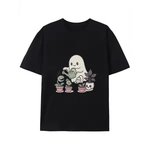 Cute Gardening Ghosts Women's  T-Shirt - Halloween Crewneck Short Sleeve Top With Cactis & Skulls Pots - Casual Partys Outfits, Halloween Costume Apparel,Adorable & Plant Print, All-Season Wear, Stylish Casual Outfit for Festive Occasions