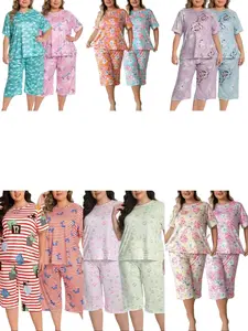 Pajama Set Women's Plus Size 2-Pack Soft Floral Print Crew Neck Short Sleeve Nightwear, Stretchy Breathable Elastic Cropped Capri Loungewear with Great Fit for Curvy Women, Shortsleeve, Cute
