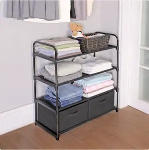 4 Shelf Closet Storage Organizer for Clothes with 2 Fabric Bins Black Metal Frame Ideal for Organizing Wardrobe