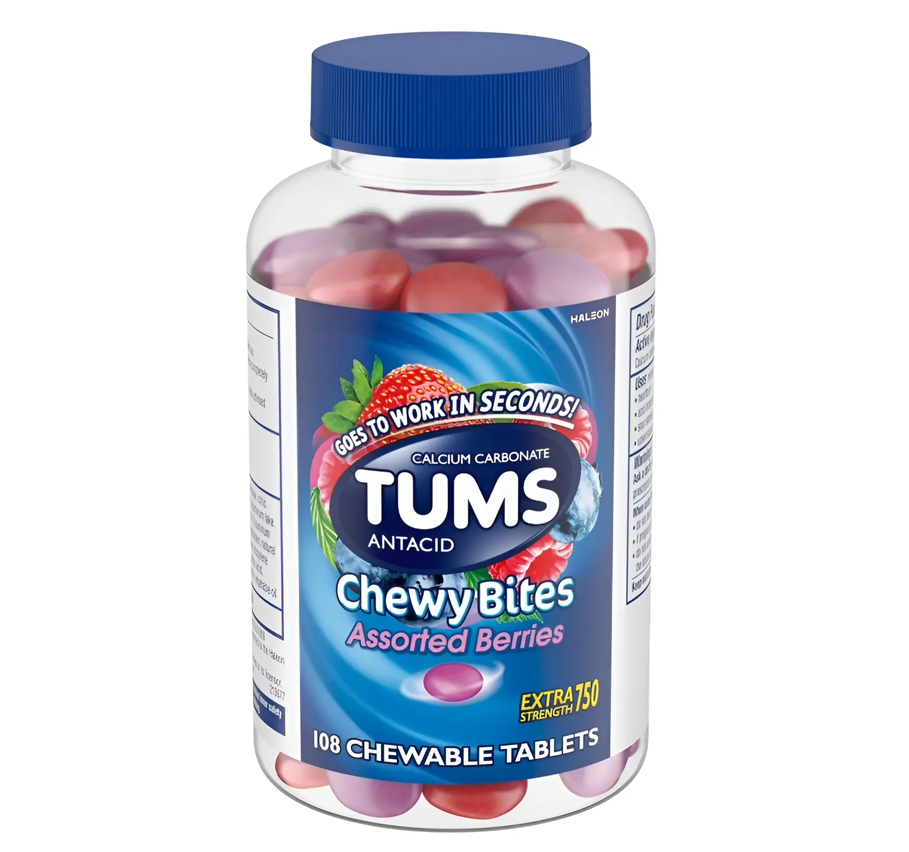 TUMS Antacid Chewy Bites Assorted Berries 108 Extra Strength 750 Calcium Carbonate Tablets for Heartburn Sour Stomach & Acid Indigestion Relief Edible Fitness Chewable