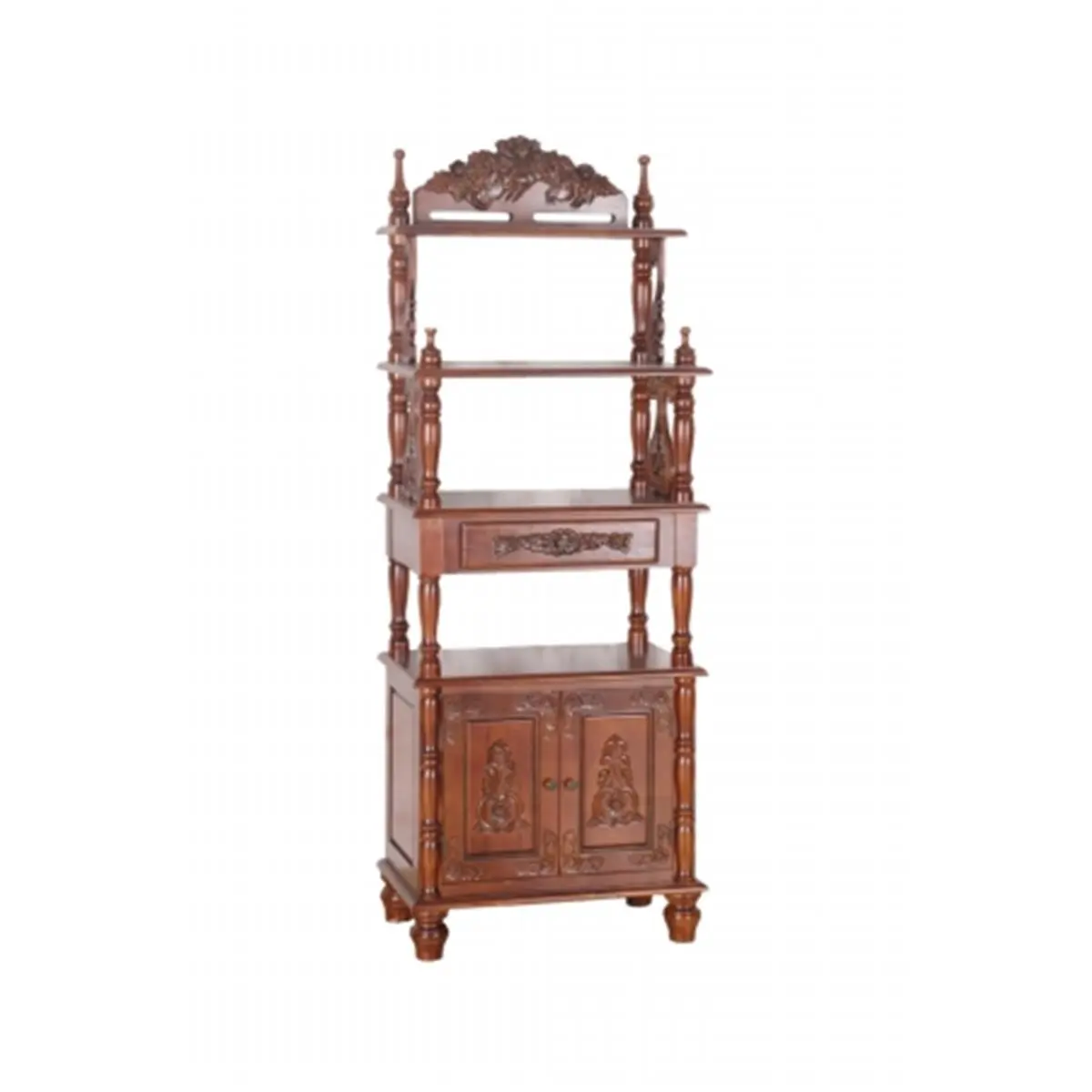 International Caravan Inc Elegant Carved Hardwood Bookshelf with Drawers - 1 Drawer in the Middle, 2 Doors, Mahogany Finish, Ideal for Picture Display