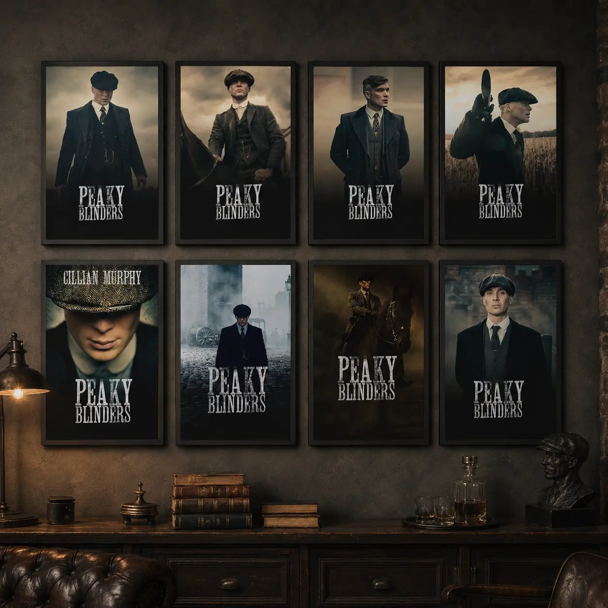 Peaky Blinders Moody Vintage Character Portrait Canvas Wall Art Set - Dark Smoky 1920s Birmingham Gang Hero Print, Industrial Sunset Artistic Decoration for Masculine Old English Pub Man Cave, Gift for Classic British Crime Drama Fans, Photo