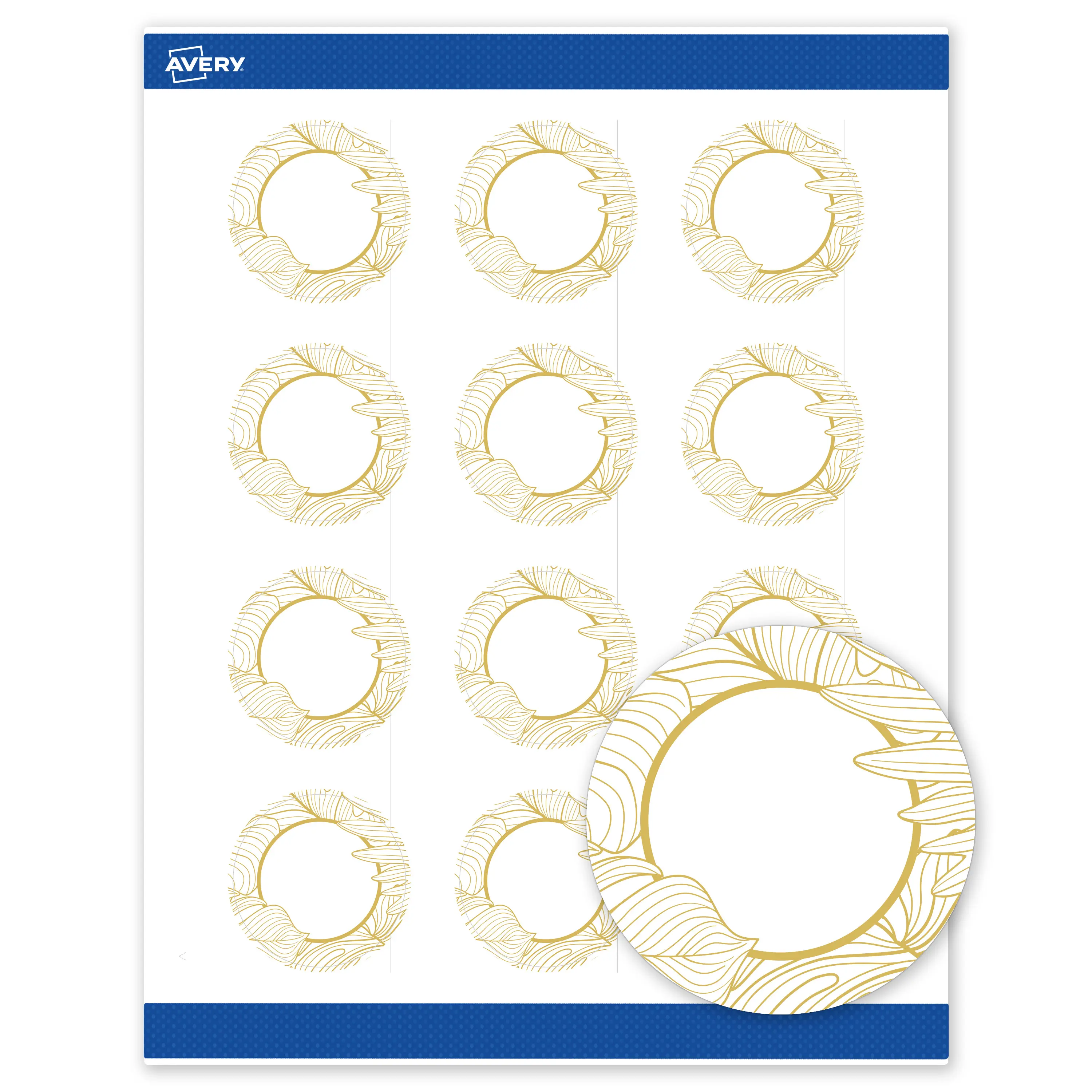 Avery Printable Round Labels with Sure Feed Technology, Pre-Printed Gold Florals, Matte White, 2" Diameter, Laser & Inkjet Compatible, 120 Total, Great for Branding, Marketing, and Events