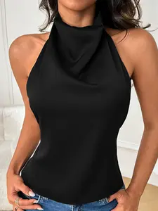Women's Summer Fashion Sexy Satin Sleeveless Backless Fit Top, Perfect for Daily Wear, Dates, Travel, Vacation, Stylish and Comfortable
