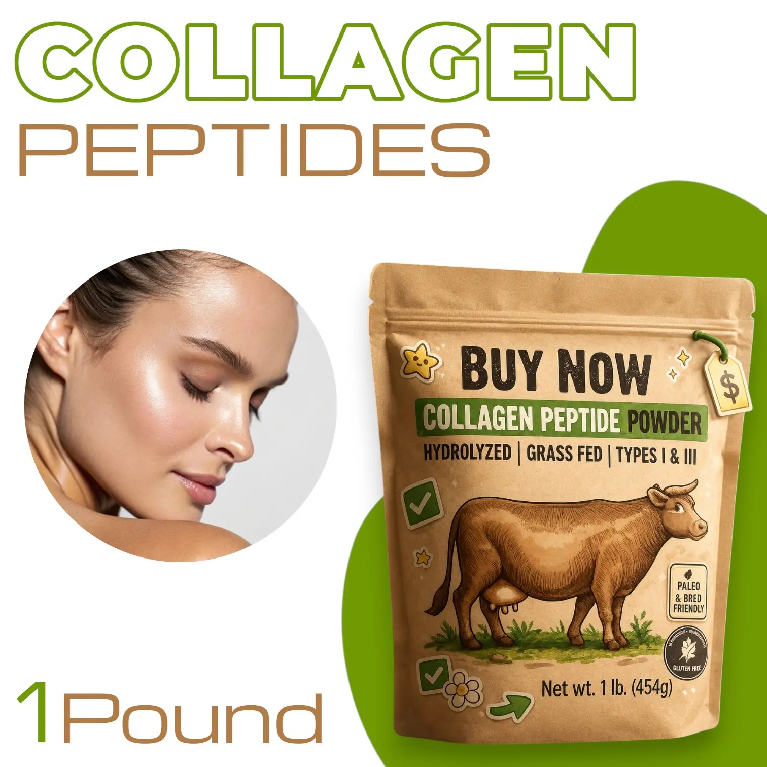 Hydrolyzed Collagen Peptide Powder Type I & III, Grass-Fed Bovine Collagen Protein, Unflavored, Gluten Free, Non-GMO, Keto & Paleo Friendly, 1 lb