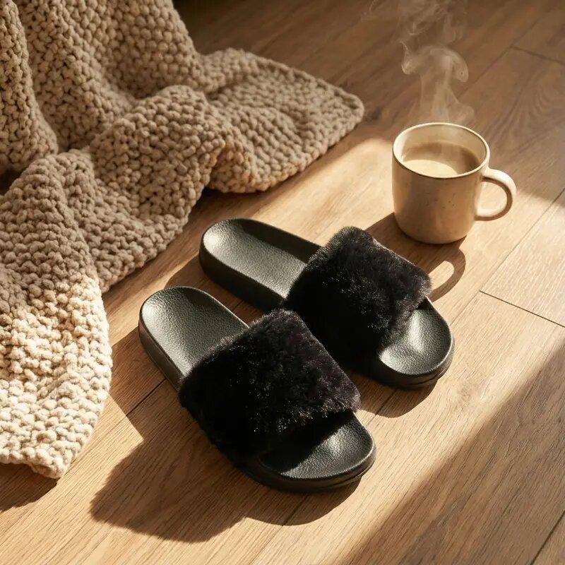 Women's Fuzzy Flip Flops Open Toe Memory Foam House Slides Casual Flat Slippers for Indoor & Outdoor Use Cork Footbed Anti-Slip Cashmere Faux Fur Material