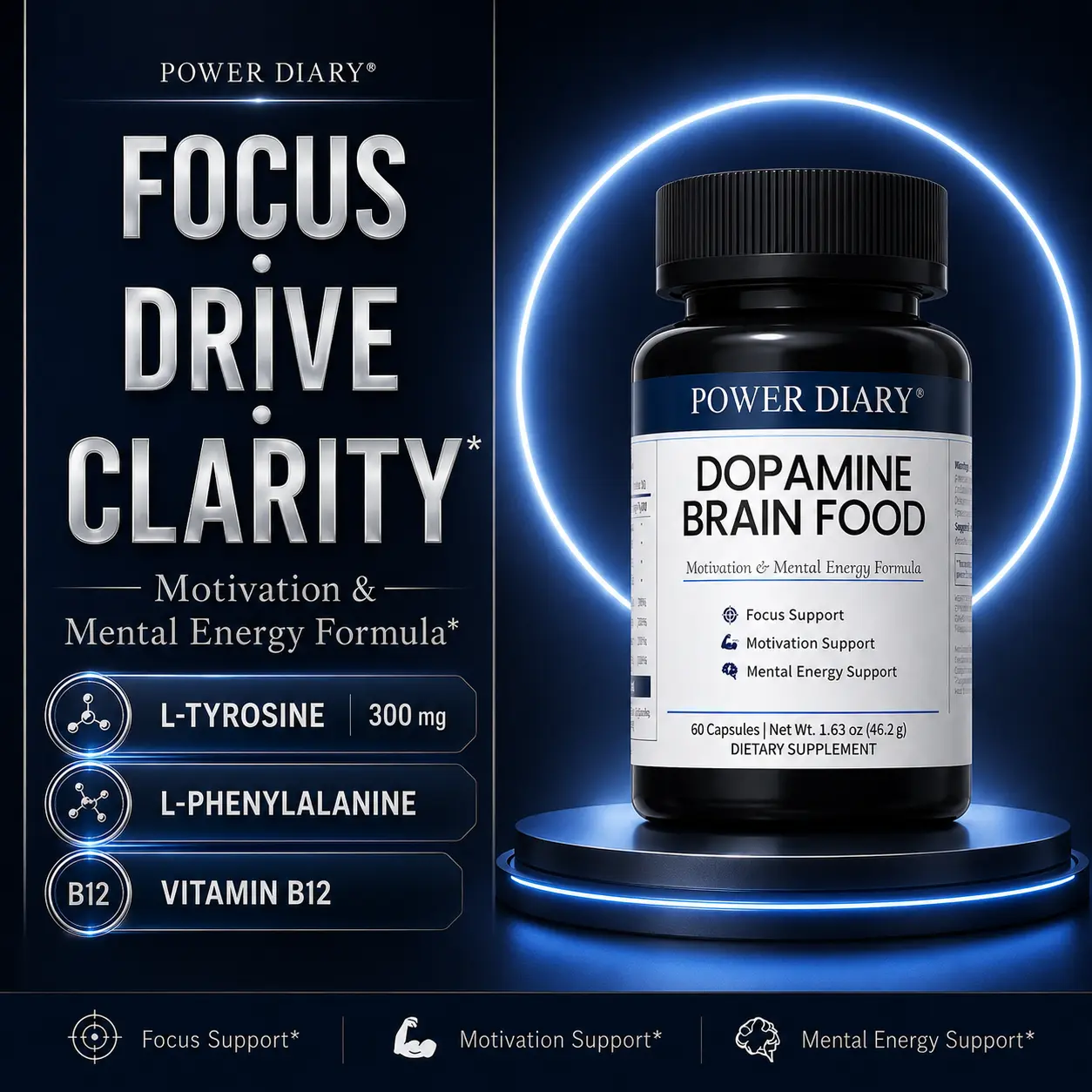 POWER DIARY Dopamine Brain Food, Dopamine Supplements & L-Tyrosine Supplement with L-Phenylalanine, Taurine, TMG, Vitamins B6 & B12, Focus & Mental Energy Support, 60 Capsules