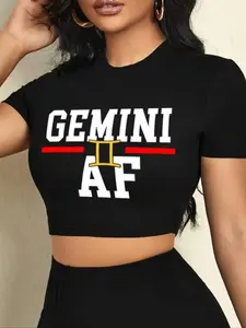 Women's "GEMINI AF" Graphic Crop Top - Shortleeve Tshirt, Varsity Style with Gemini Zodiac Symbol, Vintage Casual Streetwear, Women's Clothes for Daily & Summer Wear
