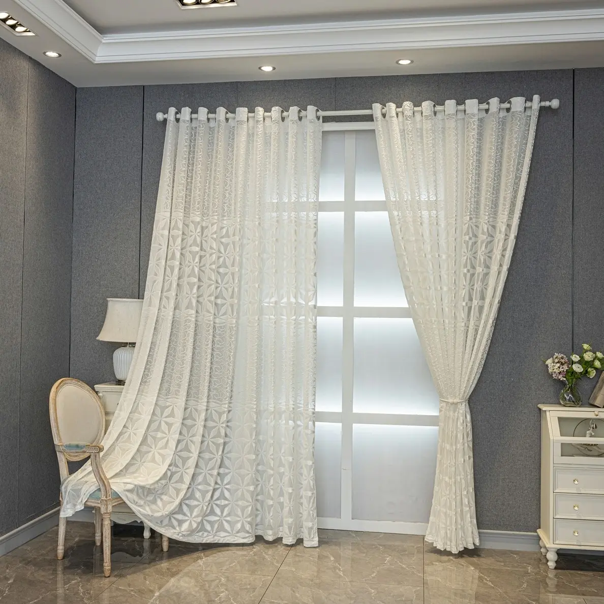 2 Pieces Of Modern and Elegant White Lace Transparent Chiffon Ready-made Curtains Home Decorative Curtain Window Drapes Are Suitable for Use in Bedrooms, Living Rooms and Balconies. They Are Easy To Install with Holes, Interior Decoration Accessories