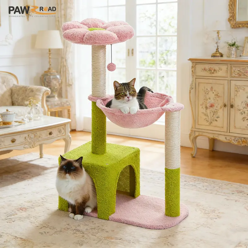 PAWZ Road Flower Cat Tree - 35-Inch Multi-Level Tower with Sisal Scratching Posts, Pink Top Perch, Ramp, Fluffy Ball, Condo, Fast Delivery, Play Space, 24.4"l x 13.4"w x 36.6"h, P2 Particleboard for Indoor Small-Medium Cats#DealsForYouDays