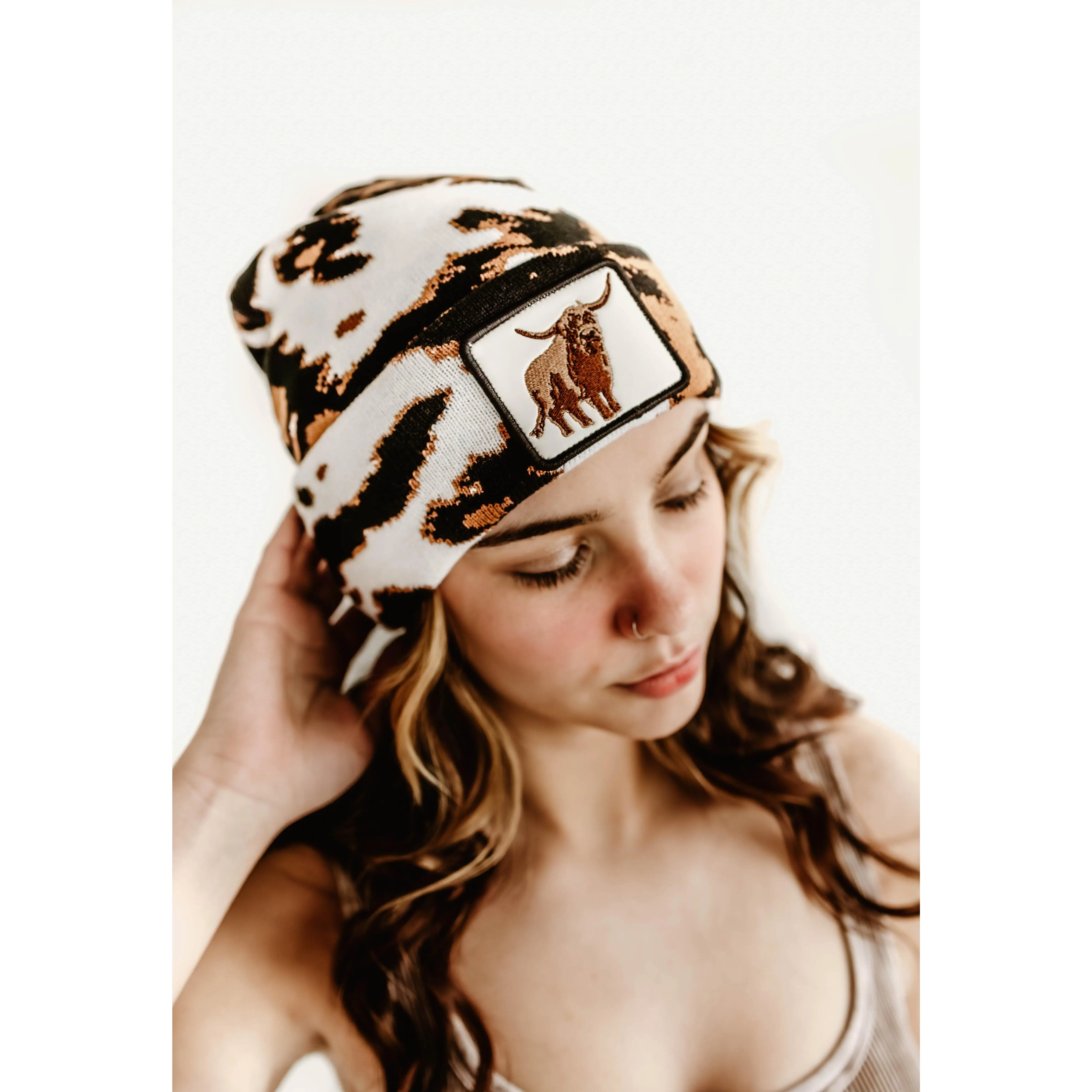 Highland Cow Embroidered Patch Beanie