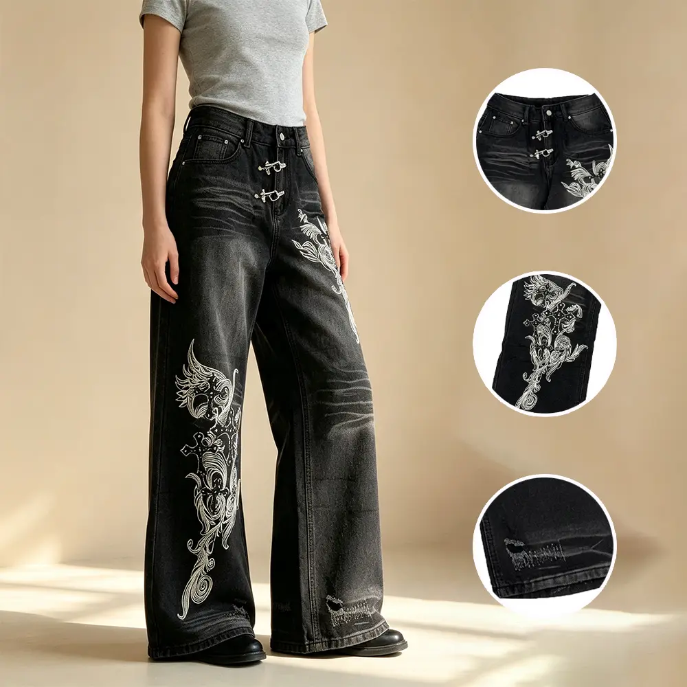 Women's Gothic-Style Wide Leg Jeans Y2K Vintage Washed Floral Embroidery Casual, Loose-Fitting Streetwear Jeans