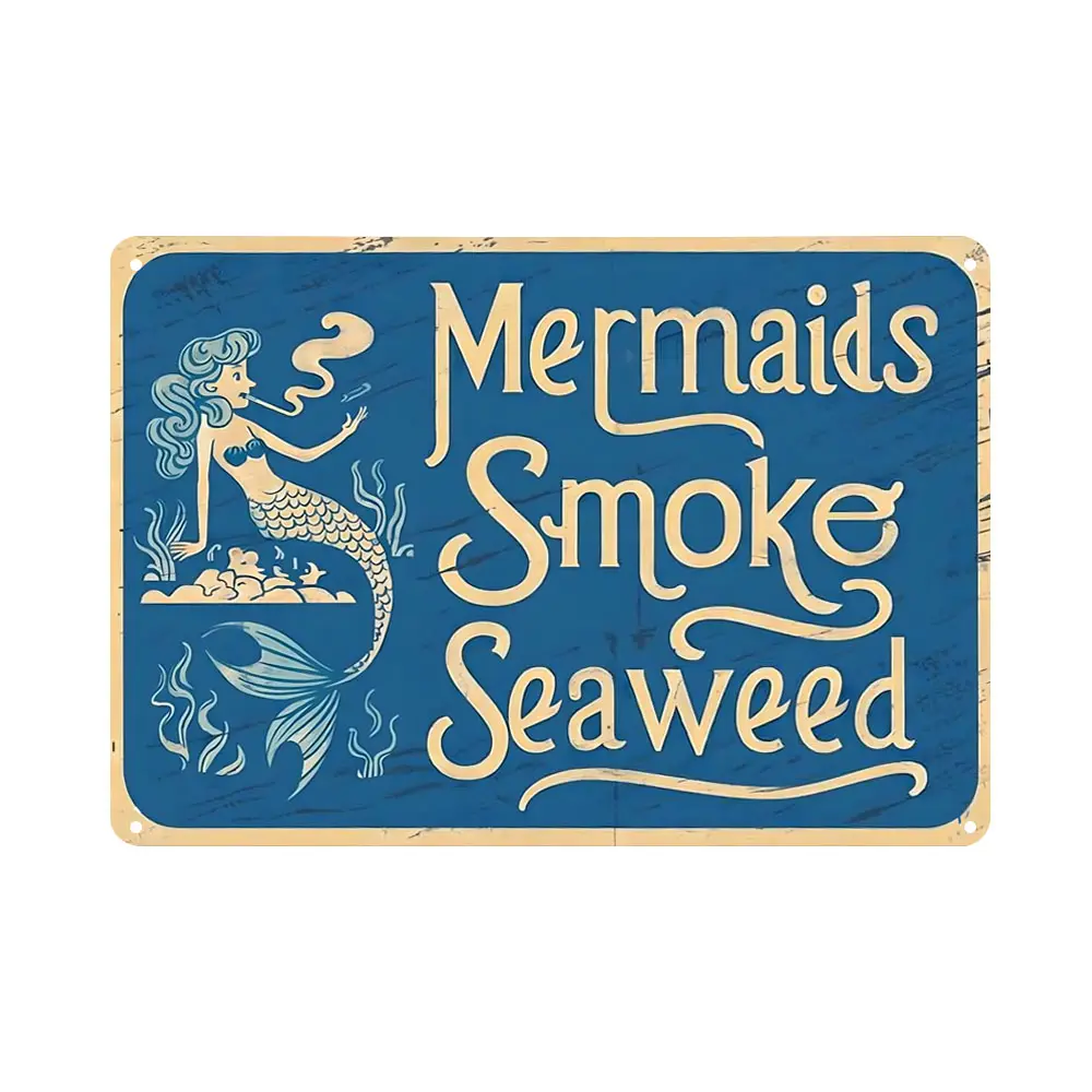 Vintage Coastal Mermaid Metal Aluminum Wall Art Sign, 8x12 Inch Rustic Home Decor - Wall Decor for Beach House & Girls Room, Beach House Speciality Plaques & Signs, Room Decor, Aluminium
