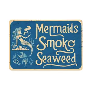 Mermaid Bathroom Wall Art, Vintage Coastal Metal Aluminum Sign for Beach House & Girls Room Decor - Rustic 8x12 Inch