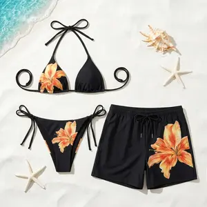 [HOT SUMMER 2026] Midnight Lily Matching Couple Swimwear Set – Black Floral Bikini & Men’s Swim Trunks, Tropical Beach Vacation Honeymoon Outfit