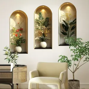 A set of 3 realistic effect arched wall flower and plant wall stickers, simulated flower and plant decorative stickers, self-adhesive, suitable for decorating living room, bedroom, bathroom, study and other background walls