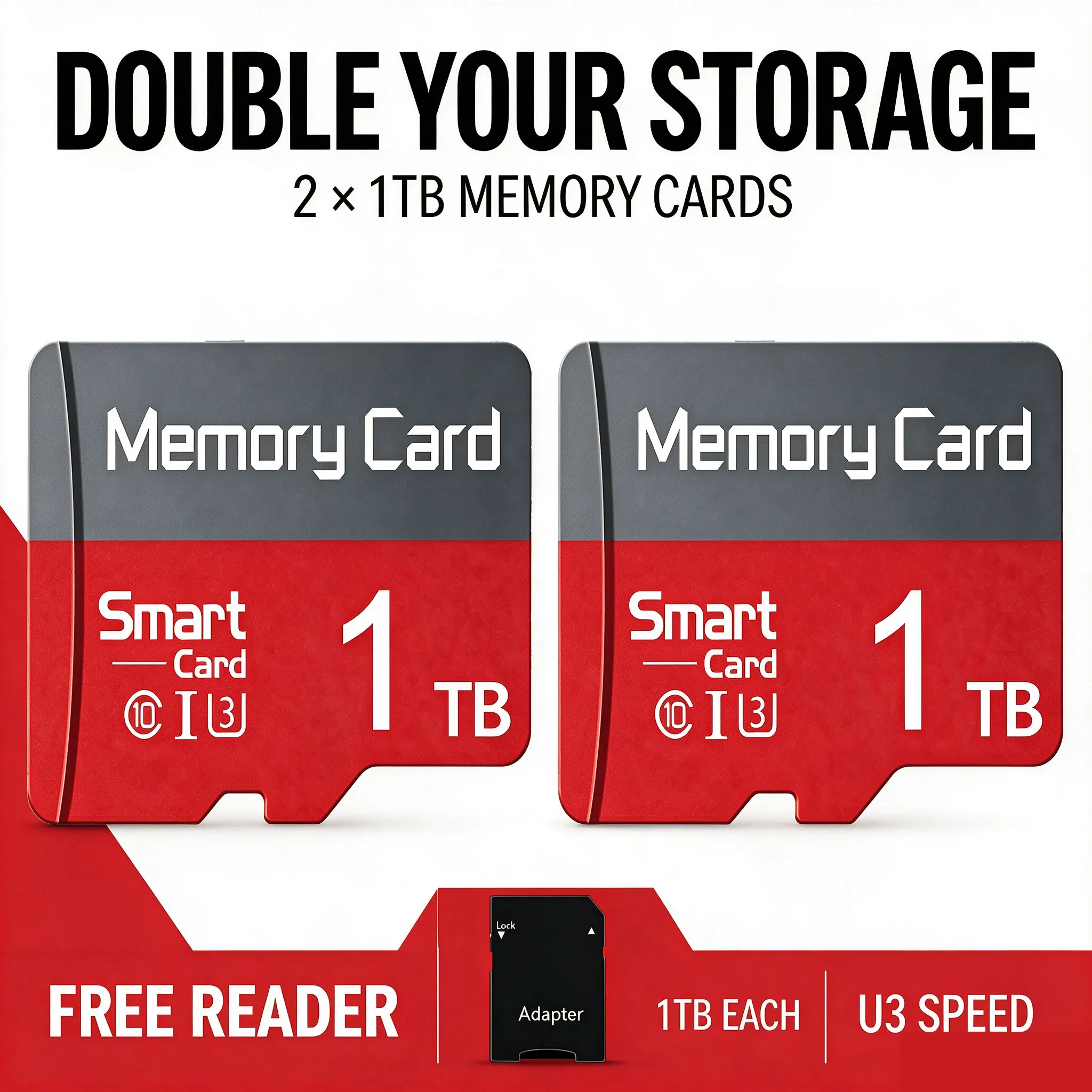 2 Count 1TB, sd card, durable memory card, handy micro sd card, includes 2 SD adapters, for smartphone, bluetooth speaker, micro sd memory card, ideal for consistent data safekeeping