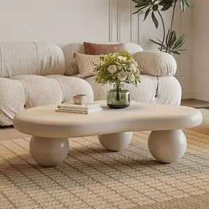 Modern Cloud Coffee Table with 3 Ball Legs Cream Color Unique Asymmetric Design Irregular Base for Living Room Cottage Decor