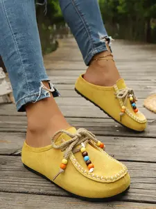 Bohemian Beaded Strap Mule Slip-On Women's Shoes, Vintage Ethnic Style, Vintage Aesthetic, Textile Upper, Rubber Sole, All Seasons, Daily Wear, Footwear