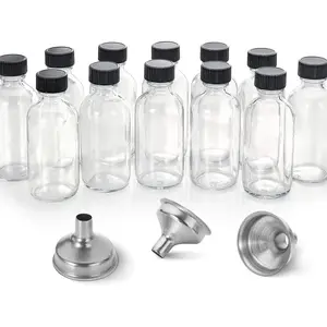12 Pack, 2 oz Small Clear Glass Bottles with Lids & 3 Stainless Steel Funnels - 60ml