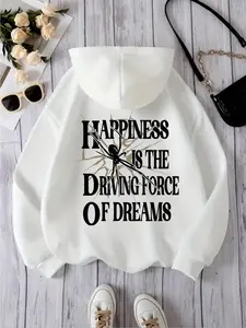【Plus Size】 Letter & Spider Web Print Drop Shoulder Hoodie, Fashion Casual Drawstring Pocket Hooded Sweatshirt for Daily Holiday Outdoor Wear, Women Clothing for Fall & Winter