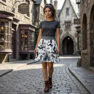 Pastel Dragon Castle Skater Skirt, Fantasy Fairytale Women's Apparel, Magical Kingdom A-Line Mini Skirt, Gift for Her, Vibrant Gothic