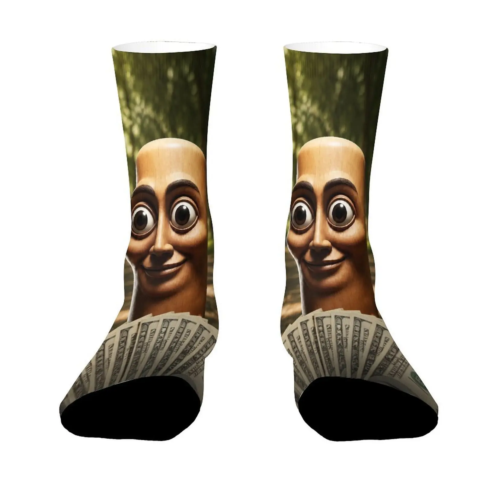 Funny Cartoon Character Holding Dollar Bills Crew Socks, Novelty Graphic Print Mid Calf Socks, Unisex Casual Dress Socks Gift Snorkeling Socks