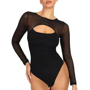 FeelinGirl See-through Long Sleeve Shapewear Bodysuit Fall & Winter Clothing Comfort Basic slim-fitting Fabric Mesh