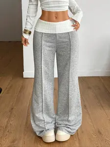 Women's Spring Autumn Streetwear Casual, Retro Daily Wear, Y2K Ribbed Knit Fitted Flip Pants, French Bell Bottoms, Patchwork