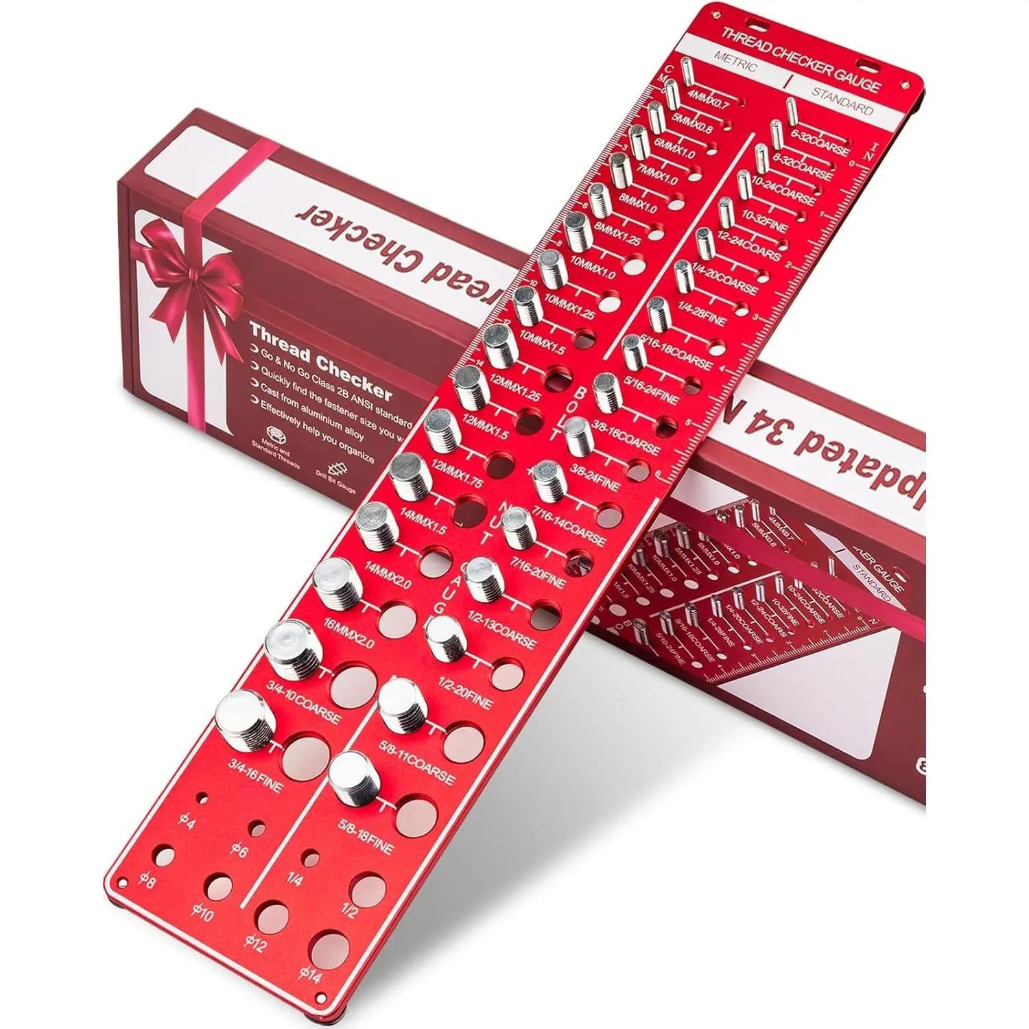 Thread Checker, 42 Nut and Bolt Thread Checker, Thread Gauge Solid  with 19 Standard and 15 Metric, identibolt 8 Drill Bit Gauge, Heavy-Duty Bolt and Nut Identifier Gauge