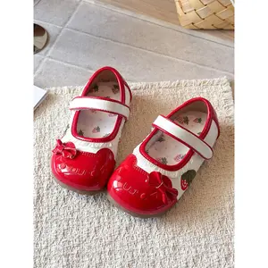 Girls' Strawberry Bowknot Lace Decorative Mary Jane Shoes, Glossy PU Soft Sole Anti-Slip, Velcro Strap, Round Toe, Sweet Style, Daily/performance Use-LIU