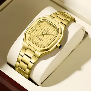 Men's Luxury Gold Square Quartz Watch - Stainless Steel Band, Water Resistant, Gold Textured Dial, Luminous Hands, Business Casual Dress Wristwatch, Perfect Gift for Him