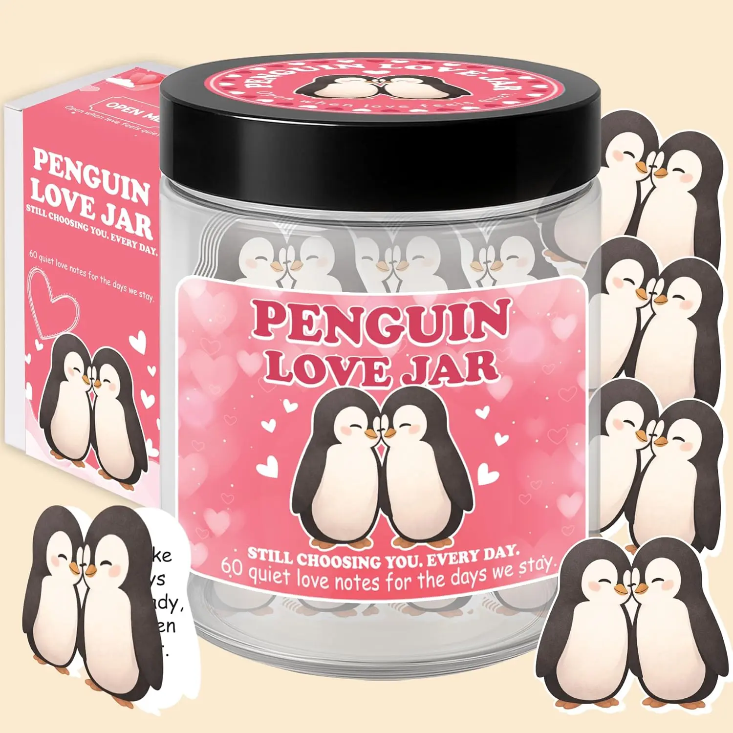 Love Notes Penguin Jar, 60 Penguin Love Notes, Valentines Day Gift for Her, Him, Girlfriend Boyfriend Valentines Day Gifts, Anniversary Birthday Christmas Gift for Couples