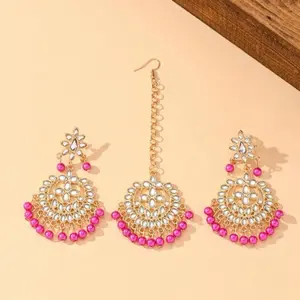 Beautiful Retro Luxury Style 3pcs Colorful Bead Pendant Earrings Crystal Flower Decor Head Chain Forehead Chain Jewelry Set for Women's Daily or Party Wear Girl Wedding Accessories Valentine's Day Mother's Day Gift for All Occasion