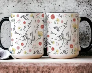 Personalized Floral Mom and Child Hand Mug, Custom Holding Nana Hand Cup, Family 2026 Gift