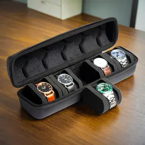 Watch portable storage suitcase with 5 card positions, large-capacity hard case watch storage display box, suitable for men's and women's smart watch storage, with soft foam pillow and handle.
