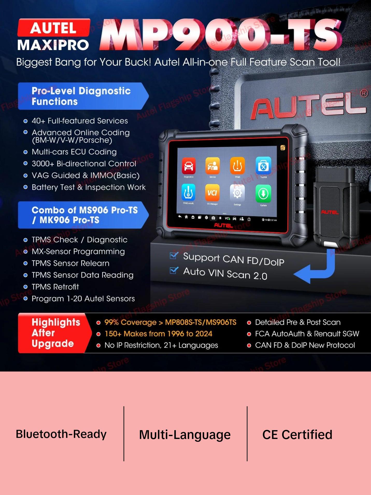 Autel MaxiPRO MP900-TS Auto TPMS Diagnostic Tools Car OBD2 Scanner Programming ECU Coding Active Test CAN FD/DoIP PK MP808BT