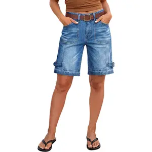 Flamingals Buckle Stitch Detail Mid Waist Denim Bermuda Shorts Without Belt Stretchy 9.6'' Inseam