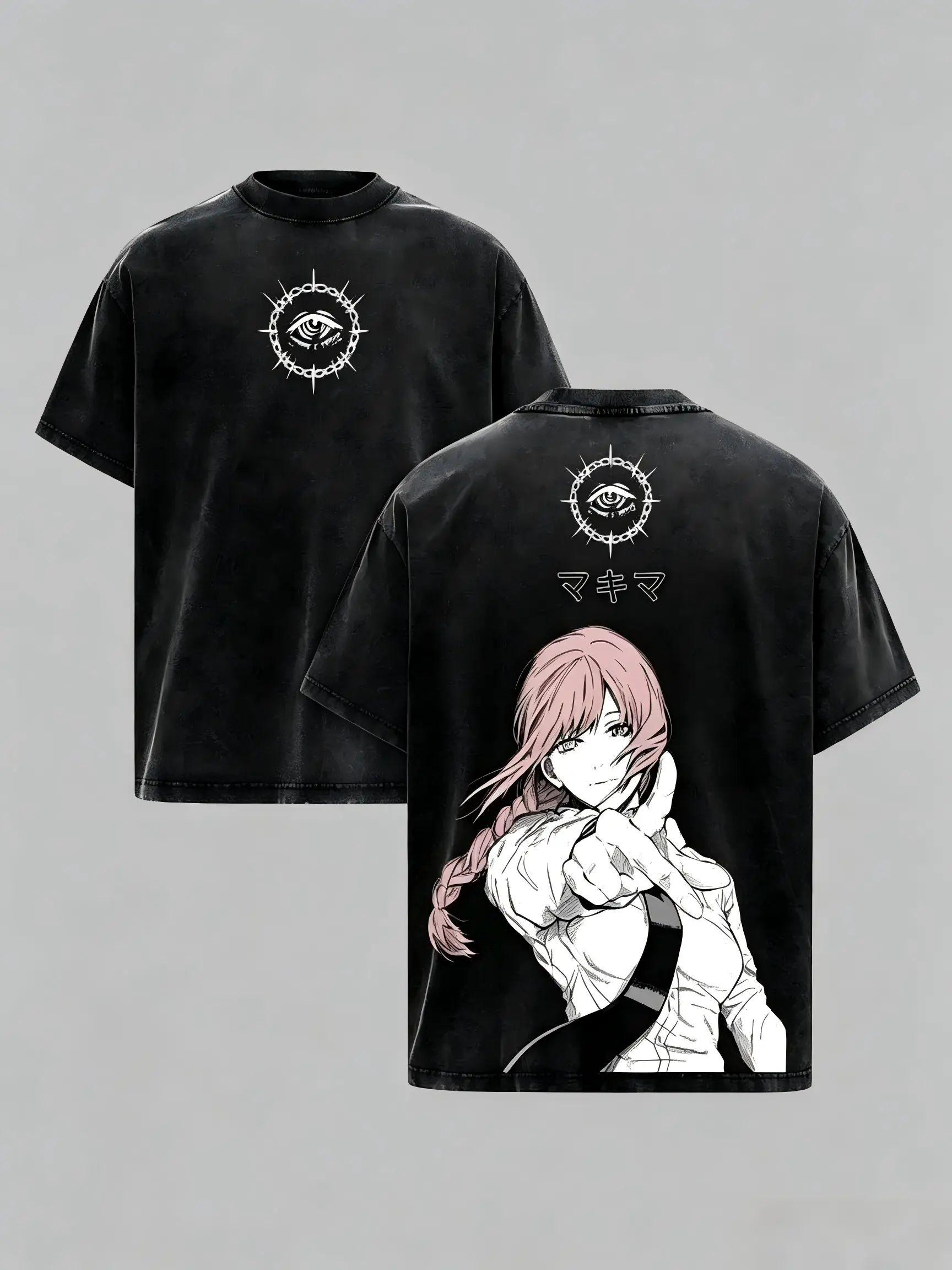 Men's Vintage T-Shirt, Chainsaw Man Makima Graphic, Distressed Washed Cotton Streetwear, Oversized Shortsleeve Anime Tops, Festive, Round Neck