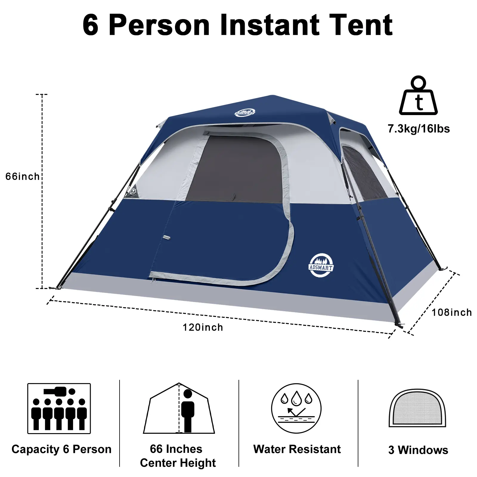 ADSMART 6 Person Instant Camping Tent with 60-Second Easy Setup, Waterproof Quick Setup Cabin Tent for Family Travel, Heavy Duty Windproof Fast Pitch Backpacking Tent with Lightweight Carry Bag for Outdoor Hiking and Glamping camp gear essentials compact