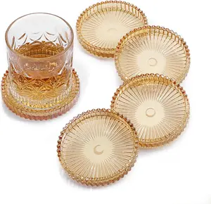 Crystal Glass Coasters for Drinks Set of 5 | Modern Clear Round Cup Coaster with Raised Edge | Coffee Table Decor for Kitchen Bar Living Room