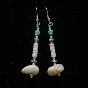 Navajo handmade sterling silver hook earrings featuring morenci turquoise, pooka shells, abalone shell and silver daisy-shaped beads.